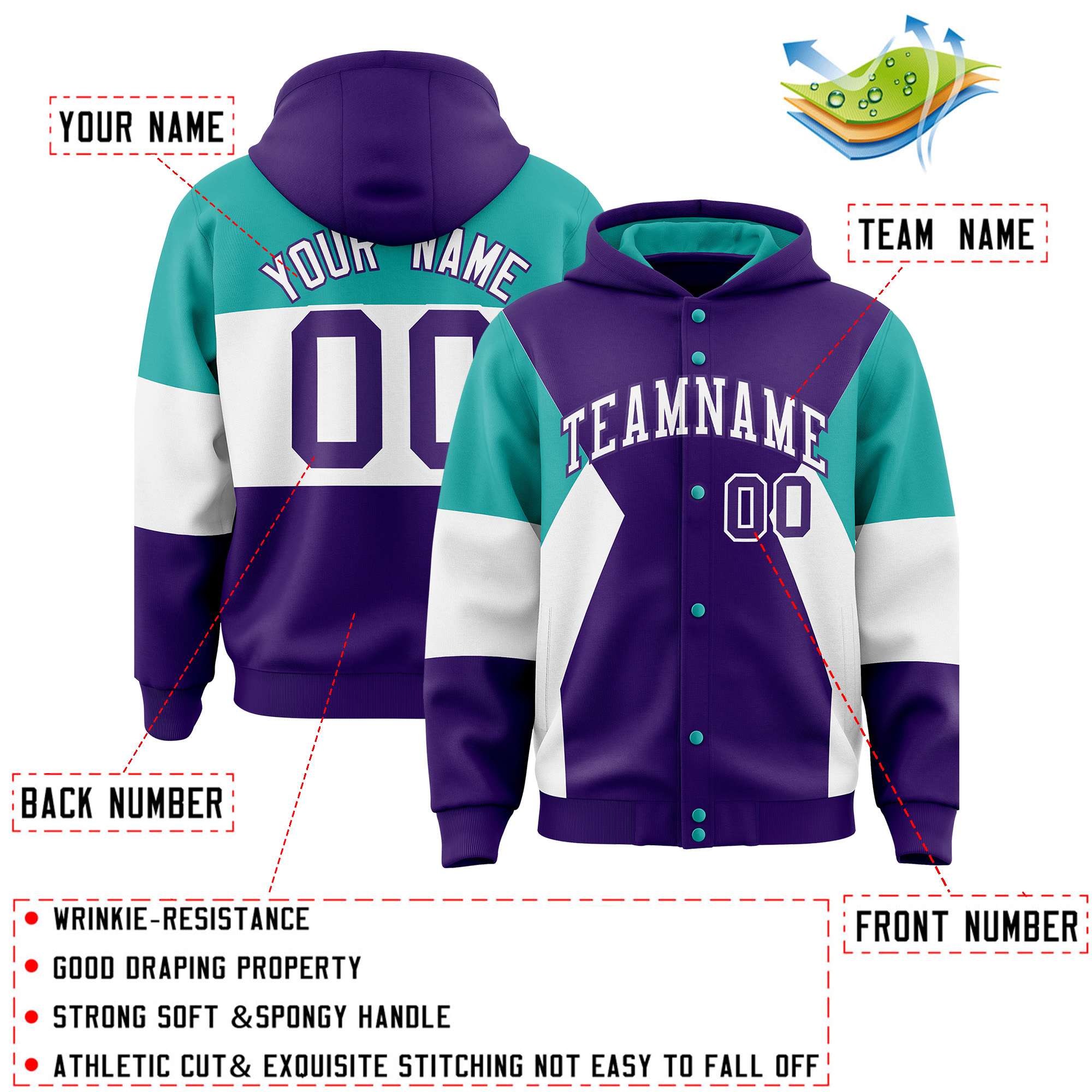 Custom Purple Aqua-White Color Block Varsity Full-Snap Letterman Hoodie Jacket