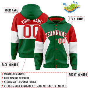 Custom Kelly Green Red-White Color Block Varsity Full-Snap Letterman Hoodie Jacket