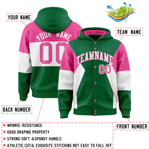 Custom Kelly Green Pink-White Color Block Varsity Full-Snap Letterman Hoodie Jacket