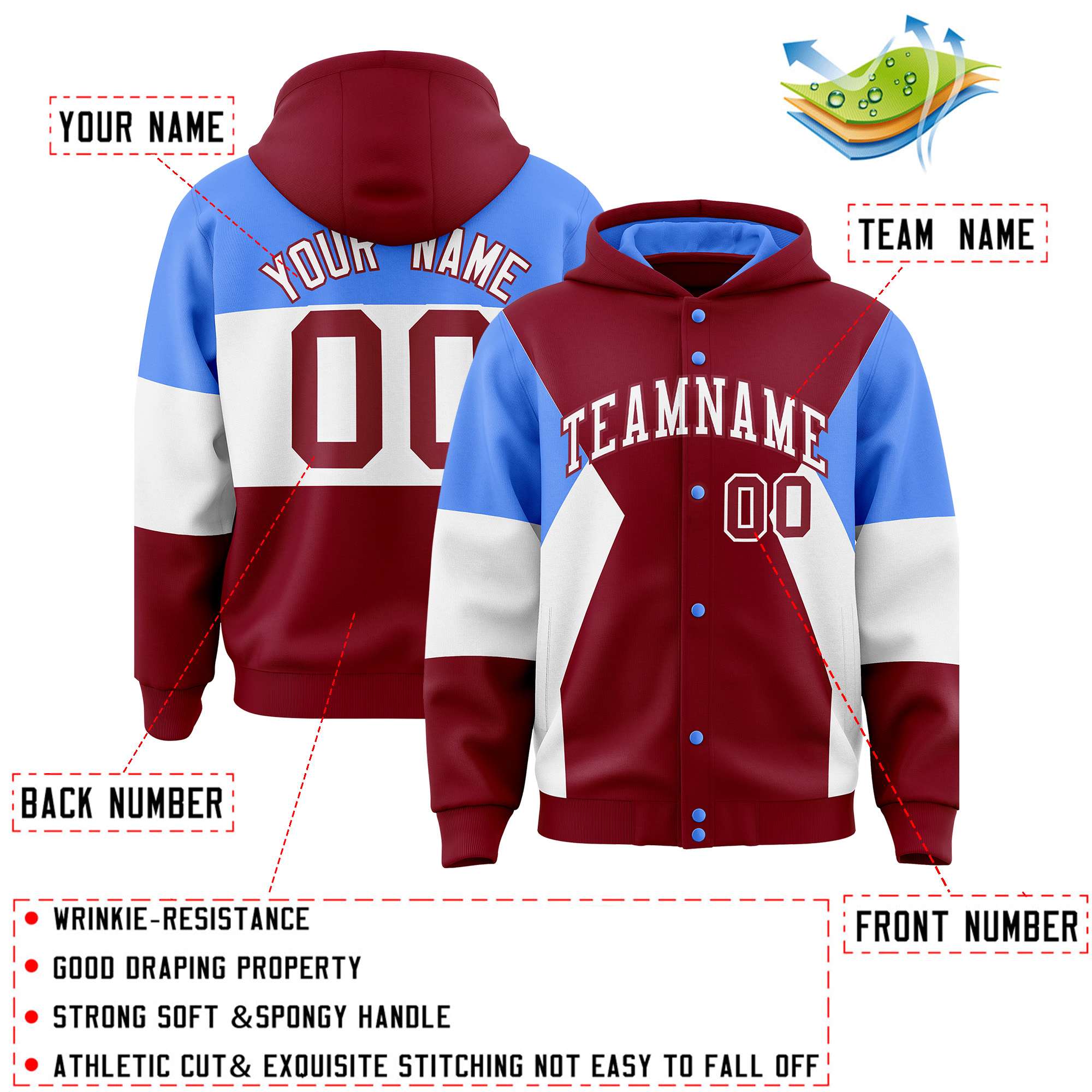 Custom Crimson Powder Blue-White Color Block Varsity Full-Snap Letterman Hoodie Jacket