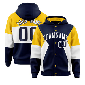 Custom Navy Gold-White Color Block Varsity Full-Snap Letterman Hoodie Jacket