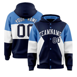 Custom Navy Light Blue-White Color Block Varsity Full-Snap Letterman Hoodie Jacket