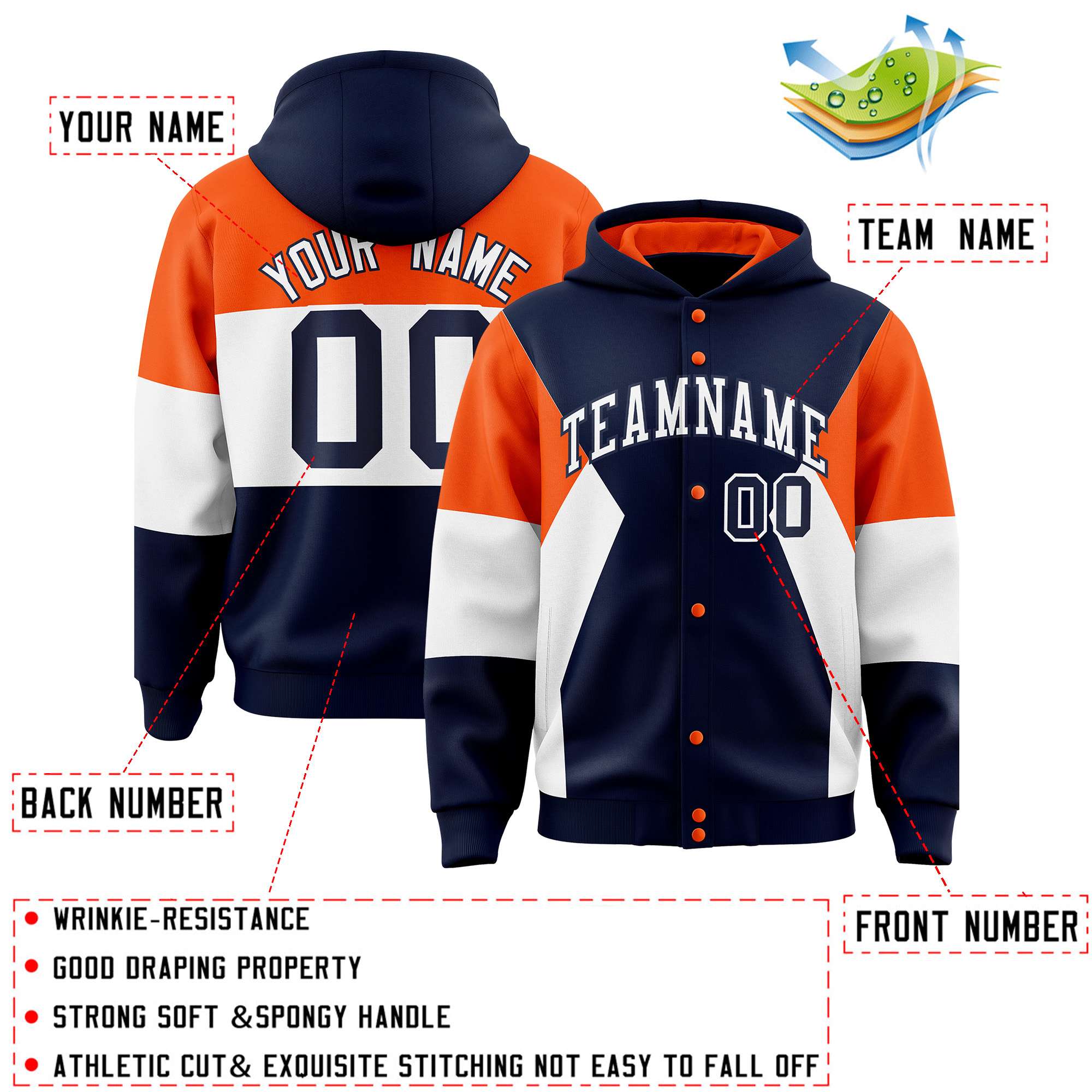 Custom Navy Orange-White Color Block Varsity Full-Snap Letterman Hoodie Jacket