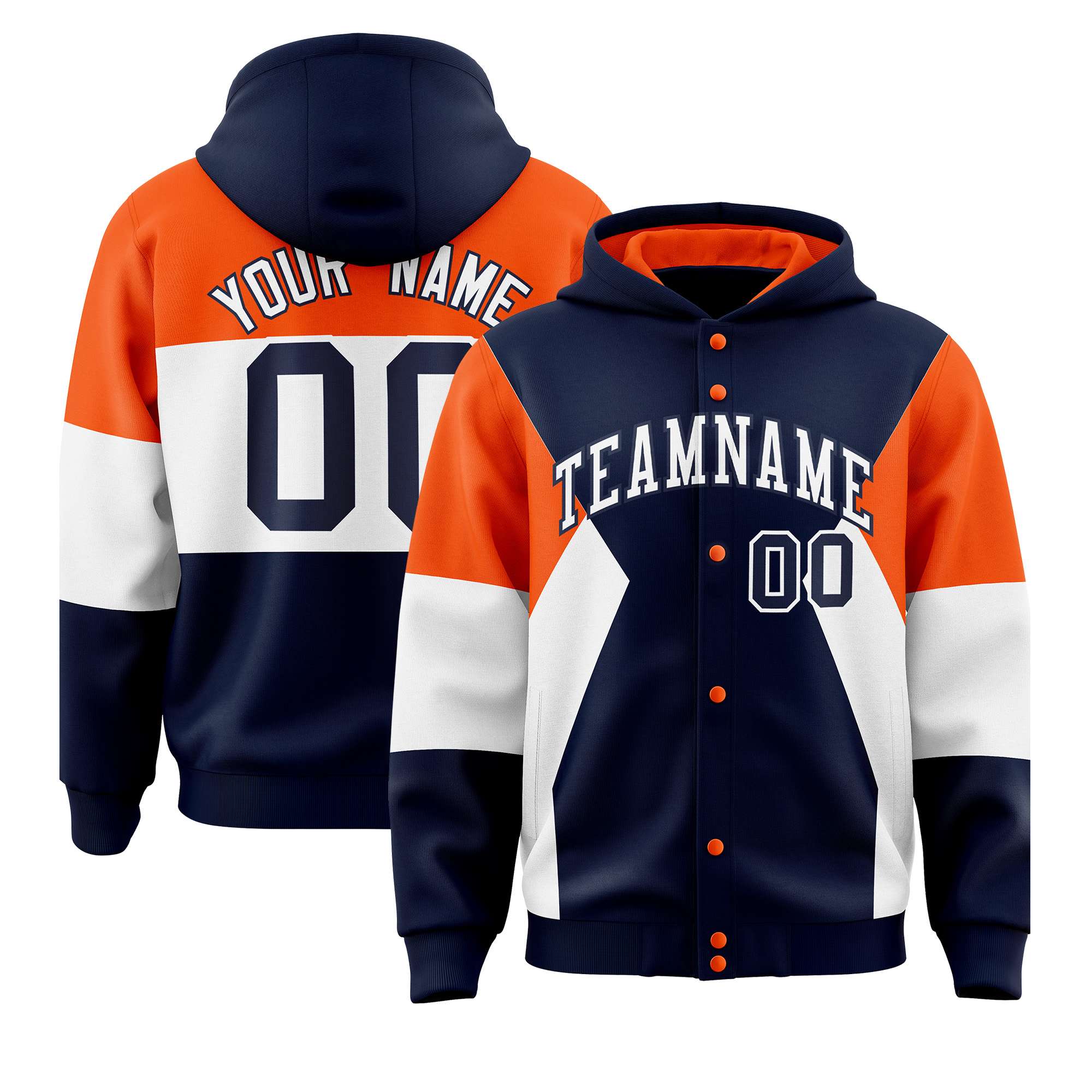 Custom Navy Orange-White Color Block Varsity Full-Snap Letterman Hoodie Jacket