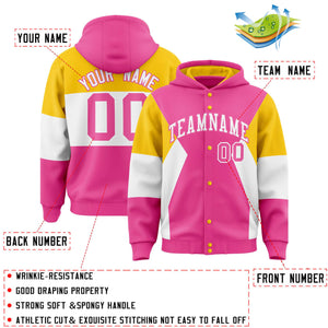 Custom Pink Gold-White Color Block Varsity Full-Snap Letterman Hoodie Jacket