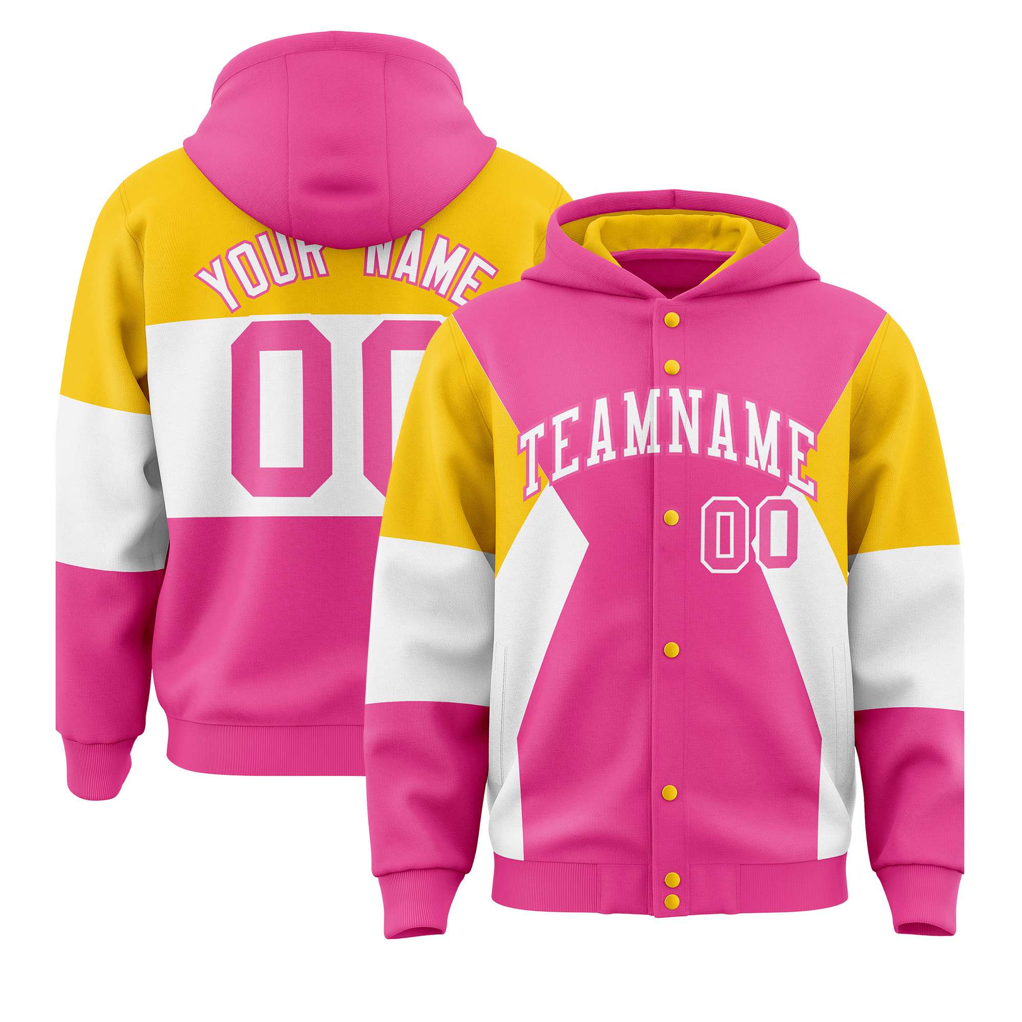 Custom Pink Gold-White Color Block Varsity Full-Snap Letterman Hoodie Jacket