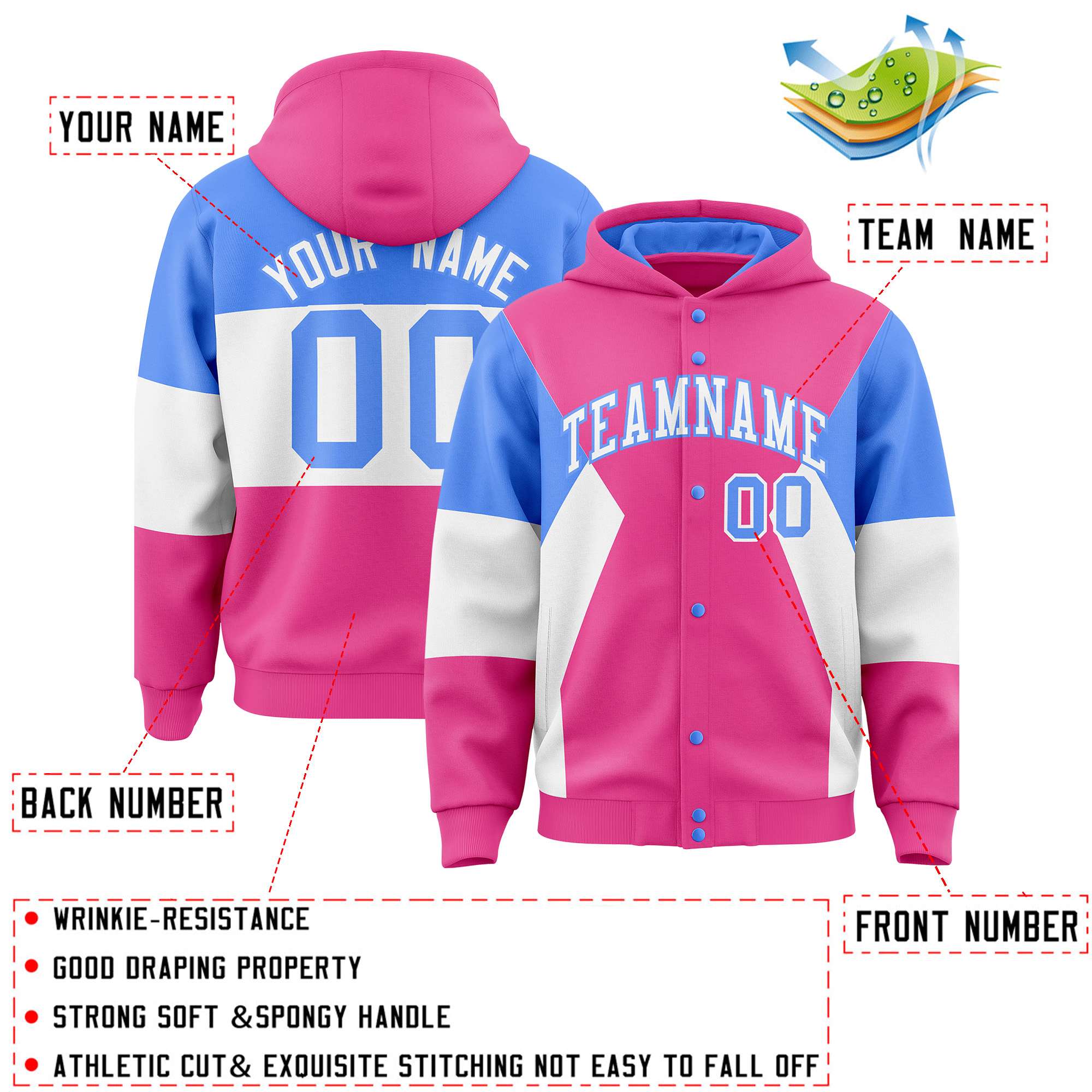 Custom Pink Powder Blue-White Color Block Varsity Full-Snap Letterman Hoodie Jacket