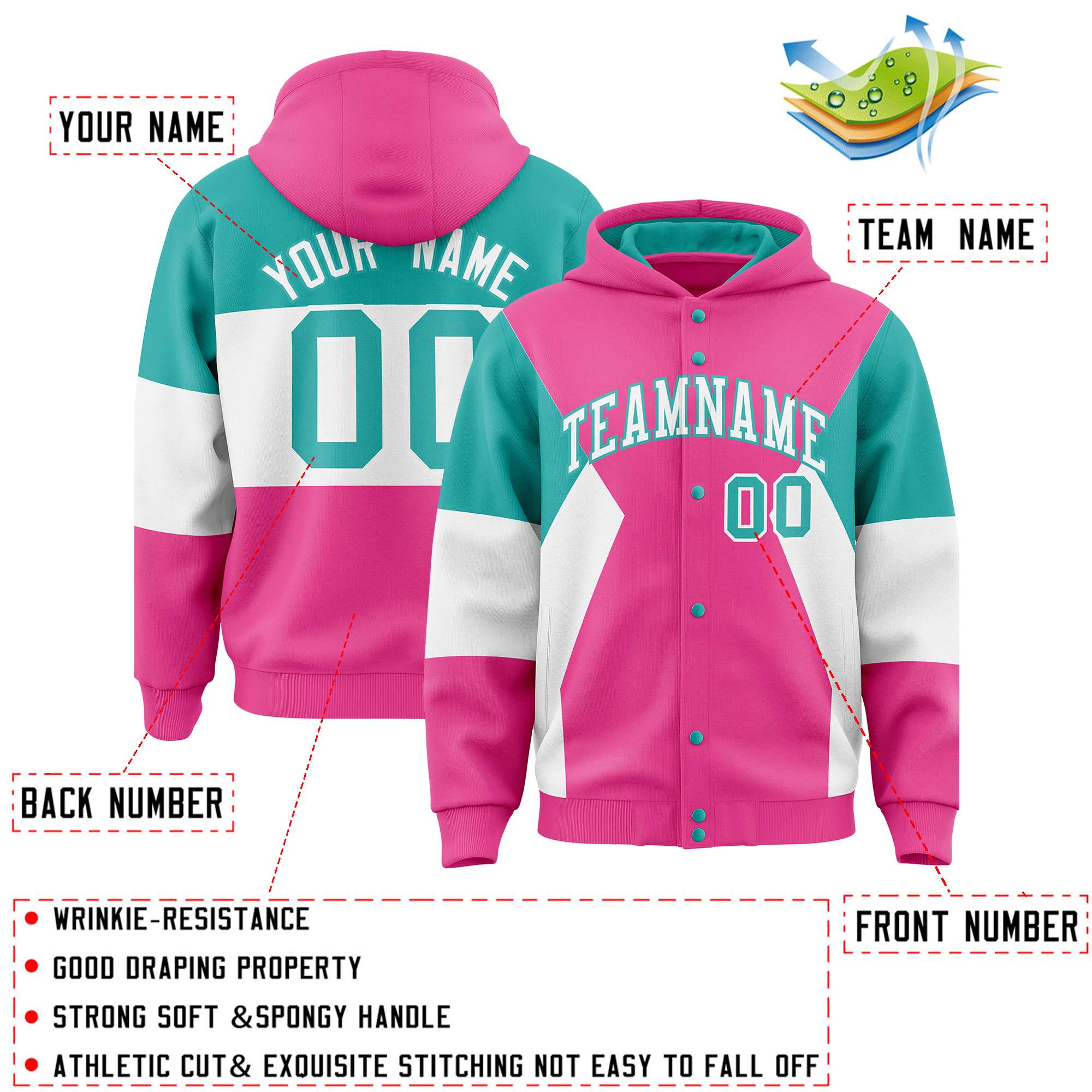 Custom Pink Aqua-White Color Block Varsity Full-Snap Letterman Hoodie Jacket