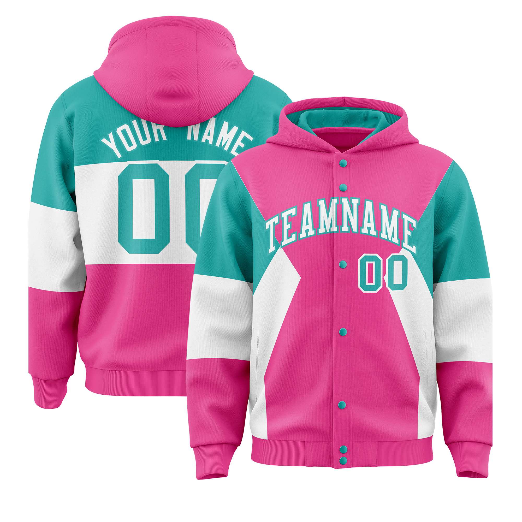 Custom Pink Aqua-White Color Block Varsity Full-Snap Letterman Hoodie Jacket