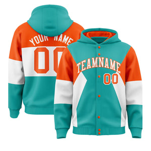 Custom Aqua Orange-White Color Block Varsity Full-Snap Letterman Hoodie Jacket