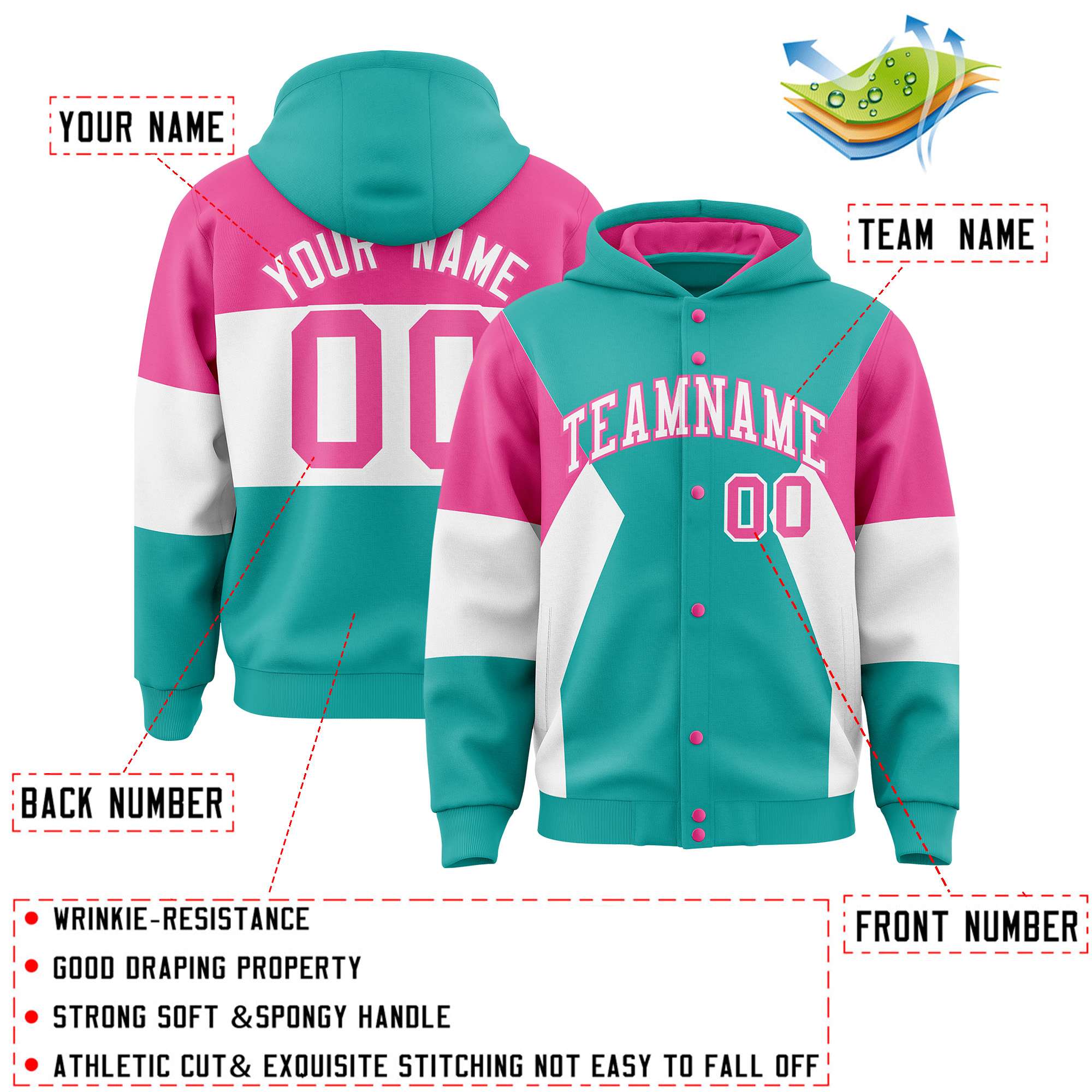 Custom Aqua Pink-White Color Block Varsity Full-Snap Letterman Hoodie Jacket