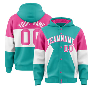 Custom Aqua Pink-White Color Block Varsity Full-Snap Letterman Hoodie Jacket