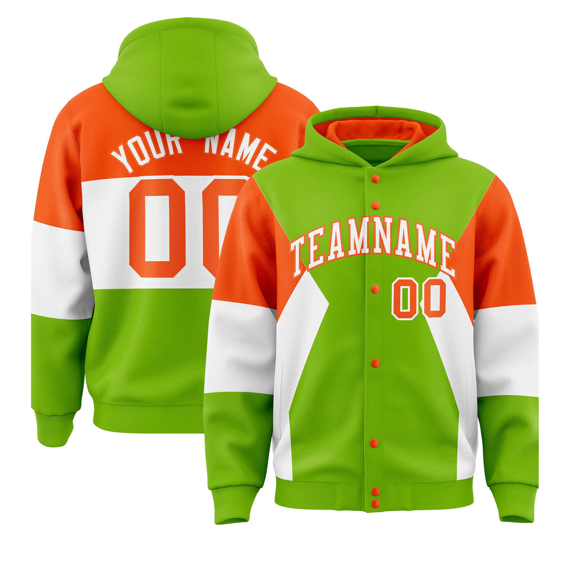 Custom Neon Green Orange-White Color Block Varsity Full-Snap Letterman Hoodie Jacket