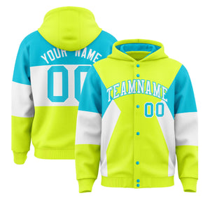 Custom Fluorescent Green Sky Blue-White Color Block Varsity Full-Snap Letterman Hoodie Jacket