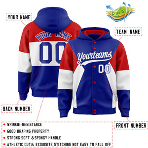 Custom Royal Red-White Color Block Varsity Full-Snap Letterman Hoodie Jacket