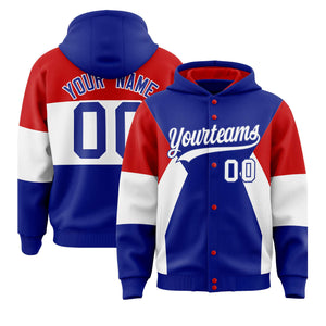 Custom Royal Red-White Color Block Varsity Full-Snap Letterman Hoodie Jacket