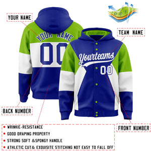 Custom Royal Neon Green-White Color Block Varsity Full-Snap Letterman Hoodie Jacket