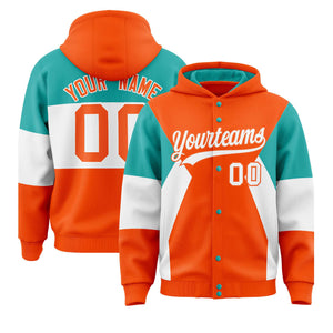 Custom Orange Aqua-White Color Block Varsity Full-Snap Letterman Hoodie Jacket