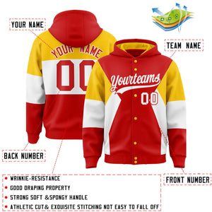 Custom Red Gold-White Color Block Varsity Full-Snap Letterman Hoodie Jacket