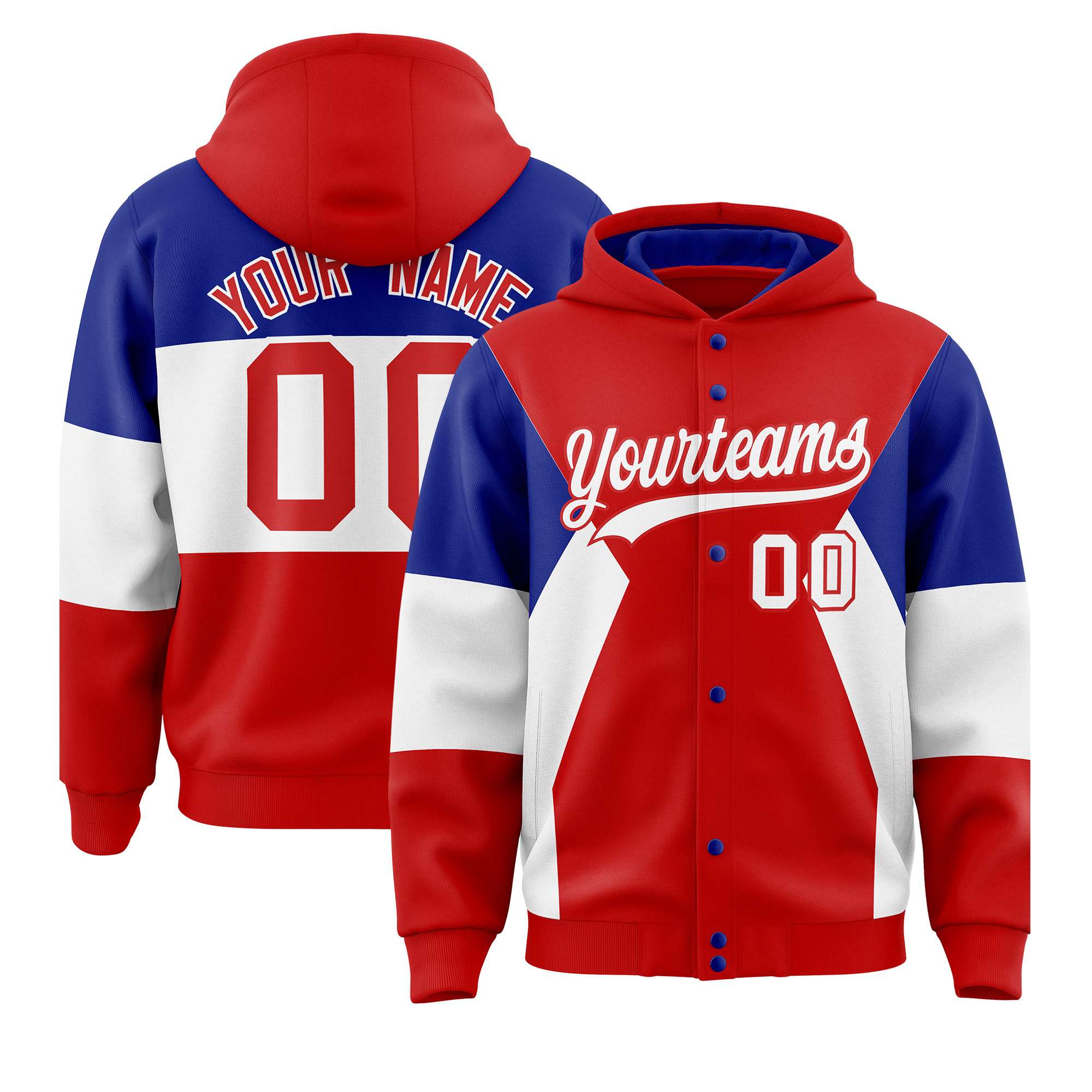 Custom Red Royal-White Color Block Varsity Full-Snap Letterman Hoodie Jacket