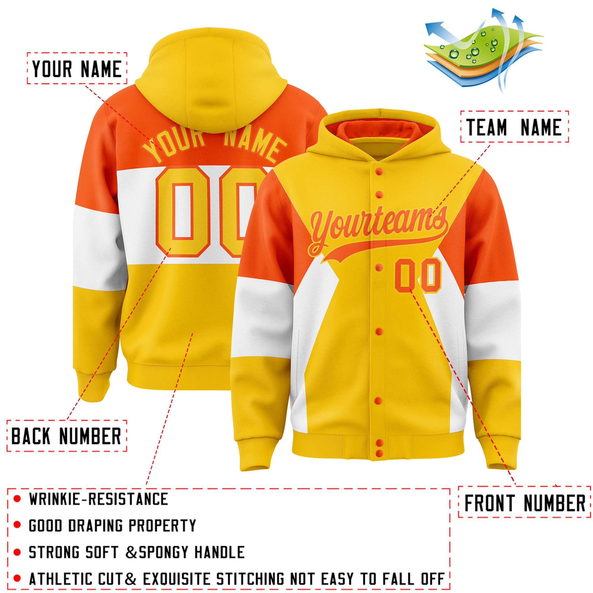 Custom Gold Orange-White Color Block Varsity Full-Snap Letterman Hoodie Jacket