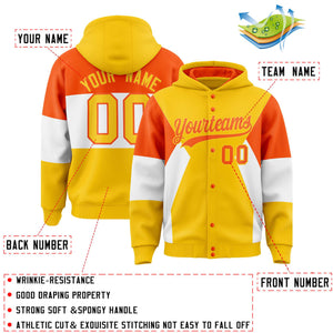 Custom Gold Orange-White Color Block Varsity Full-Snap Letterman Hoodie Jacket