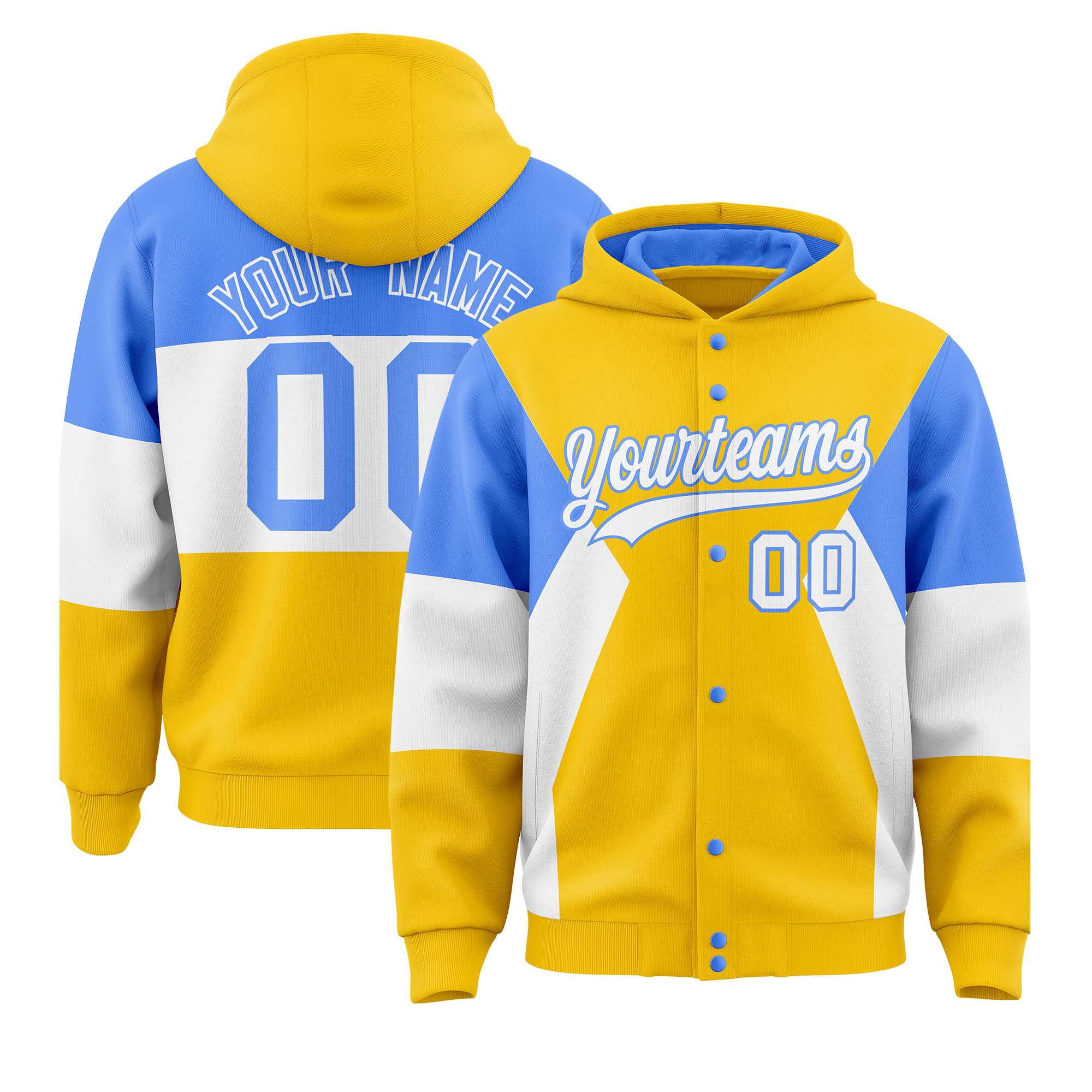 Custom Gold Powder Blue-White Color Block Varsity Full-Snap Letterman Hoodie Jacket