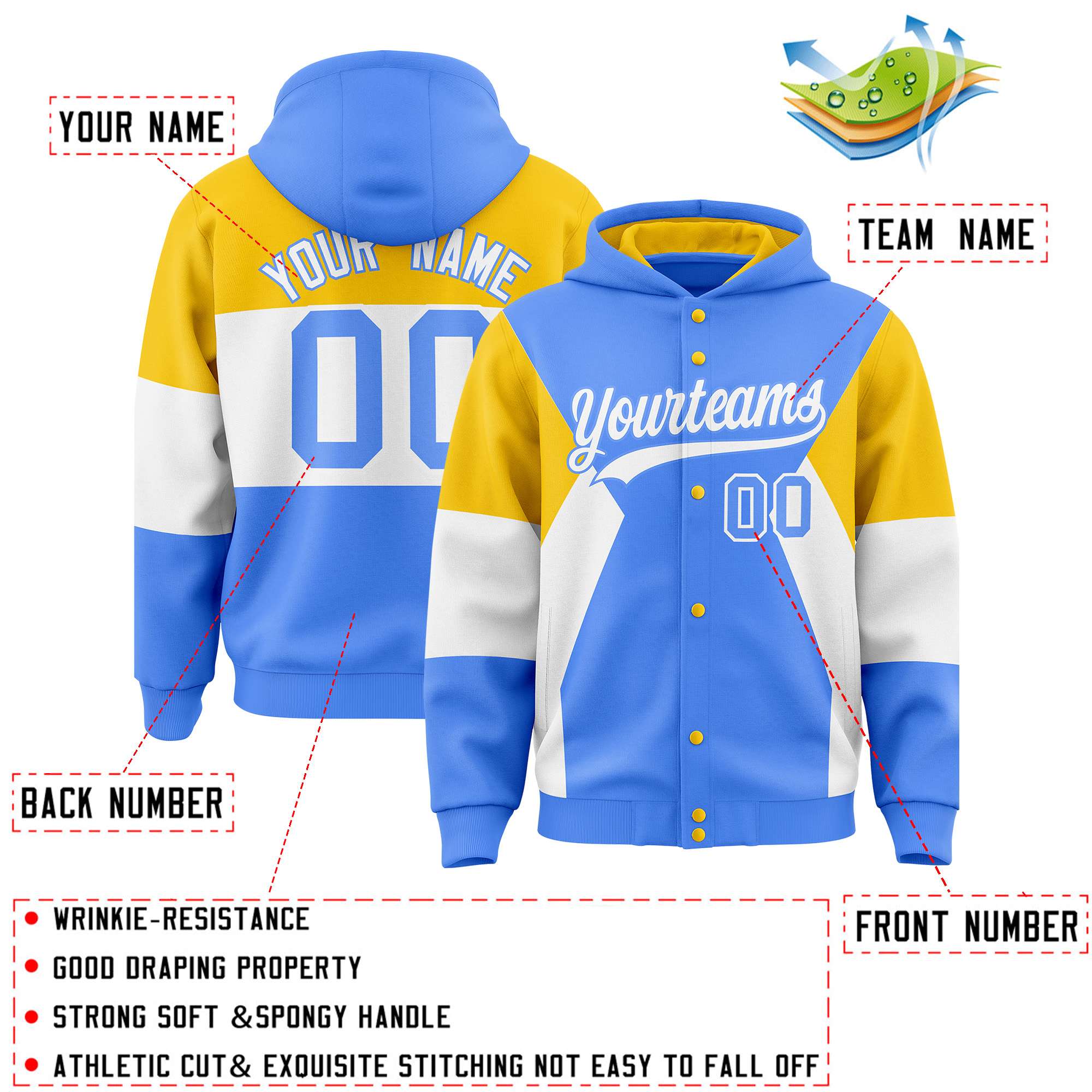 Custom Powder Blue Gold-White Color Block Varsity Full-Snap Letterman Hoodie Jacket