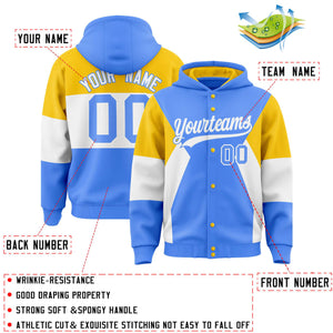 Custom Powder Blue Gold-White Color Block Varsity Full-Snap Letterman Hoodie Jacket