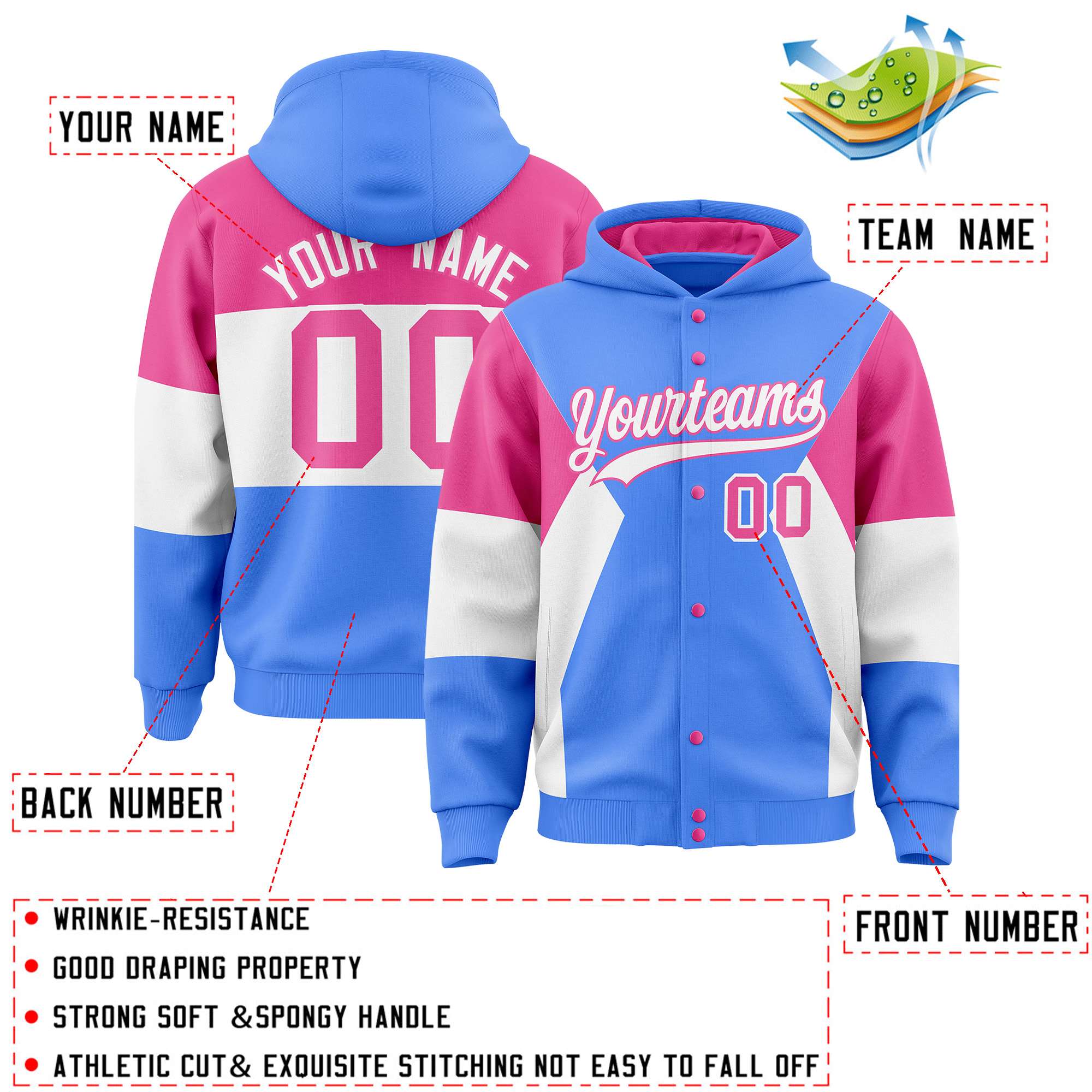 Custom Powder Blue Pink-White Color Block Varsity Full-Snap Letterman Hoodie Jacket