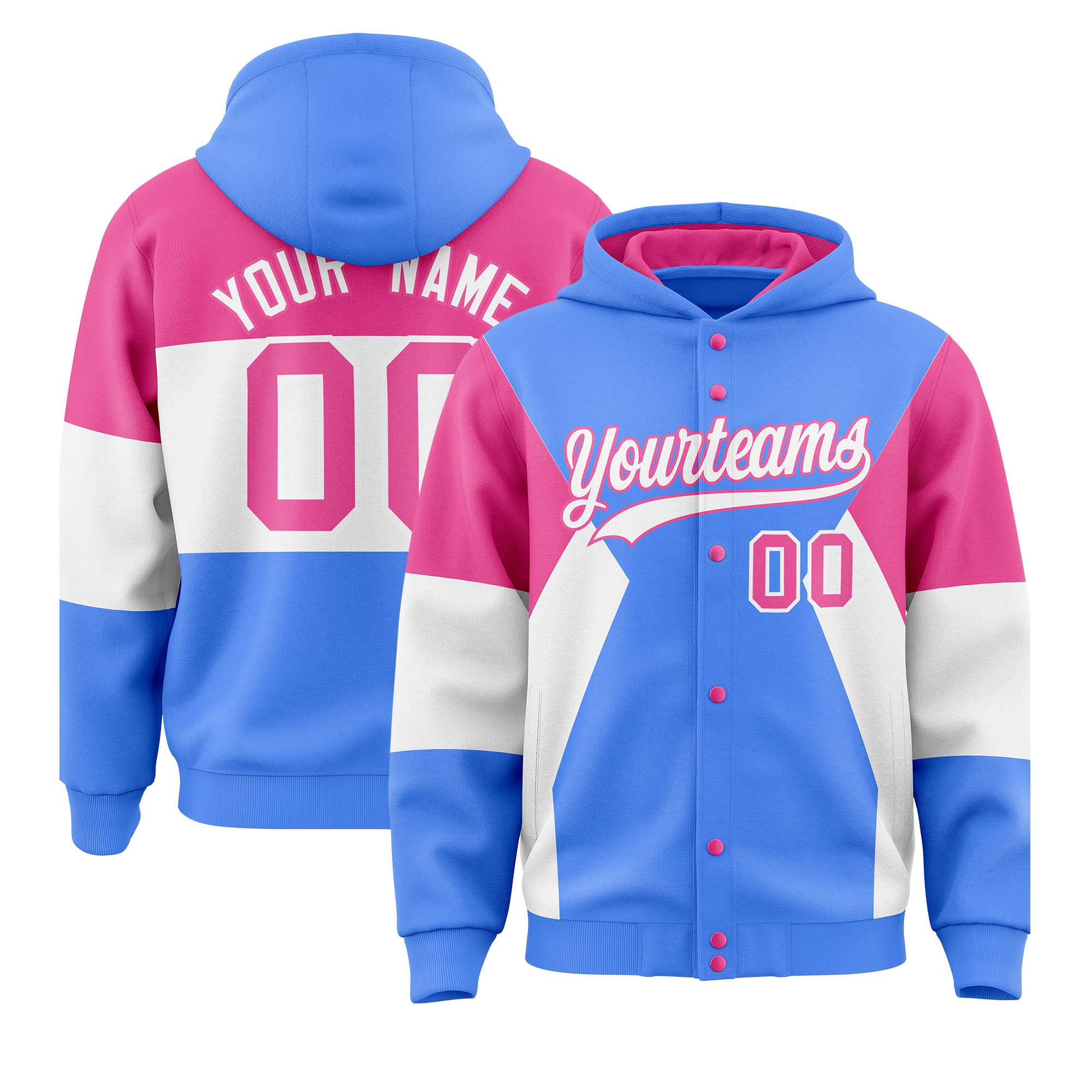 Custom Powder Blue Pink-White Color Block Varsity Full-Snap Letterman Hoodie Jacket