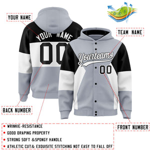 Custom Silver Black-White Color Block Varsity Full-Snap Letterman Hoodie Jacket