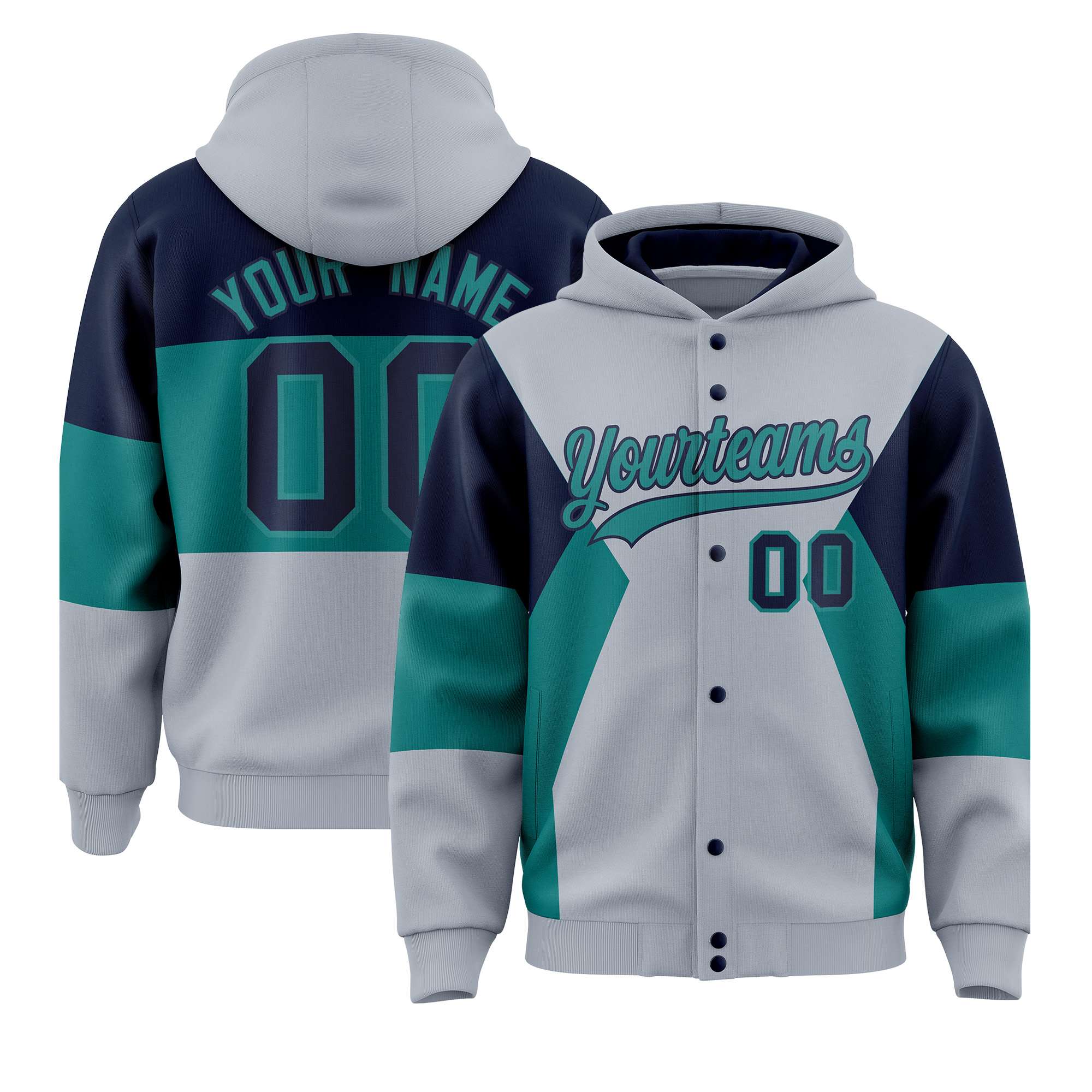 Custom Silver Navy-Aqua Color Block Varsity Full-Snap Letterman Hoodie Jacket