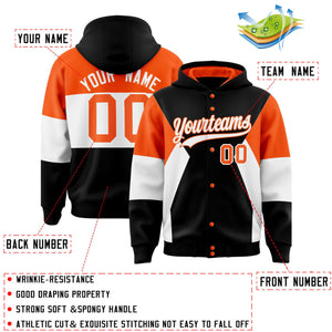 Custom Black Orange-White Color Block Varsity Full-Snap Letterman Hoodie Jacket