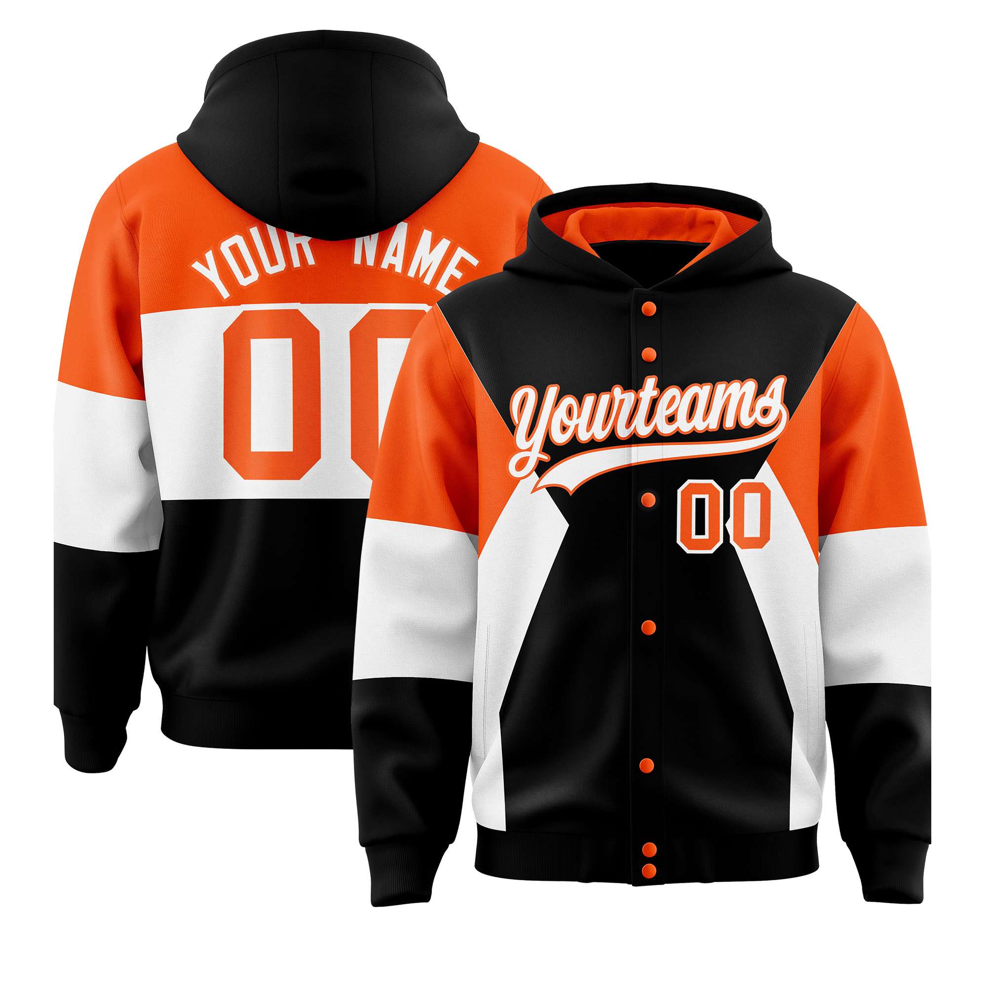 Custom Black Orange-White Color Block Varsity Full-Snap Letterman Hoodie Jacket