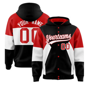 Custom Black Red-White Color Block Varsity Full-Snap Letterman Hoodie Jacket