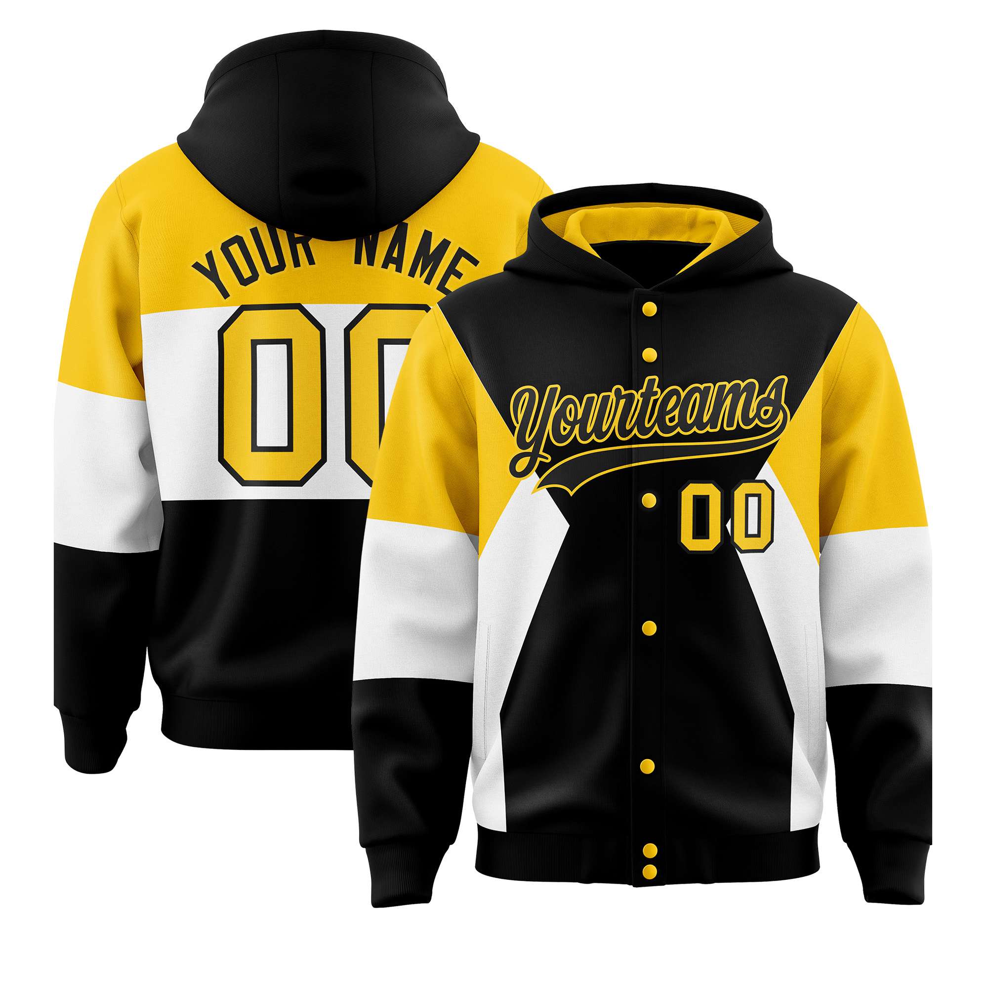 Custom Black Gold-White Color Block Varsity Full-Snap Letterman Hoodie Jacket