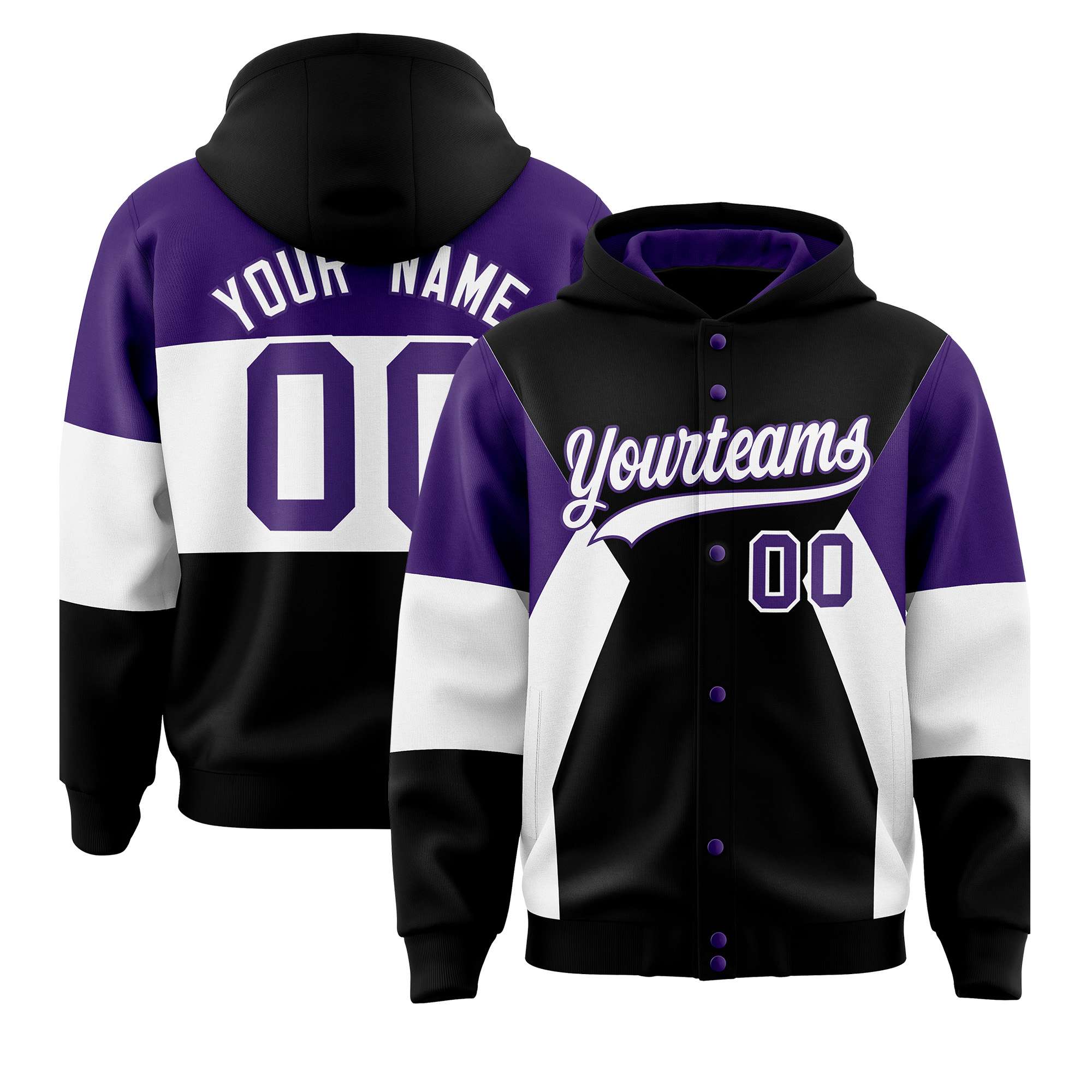 Custom Black Purple-White Color Block Varsity Full-Snap Letterman Hoodie Jacket