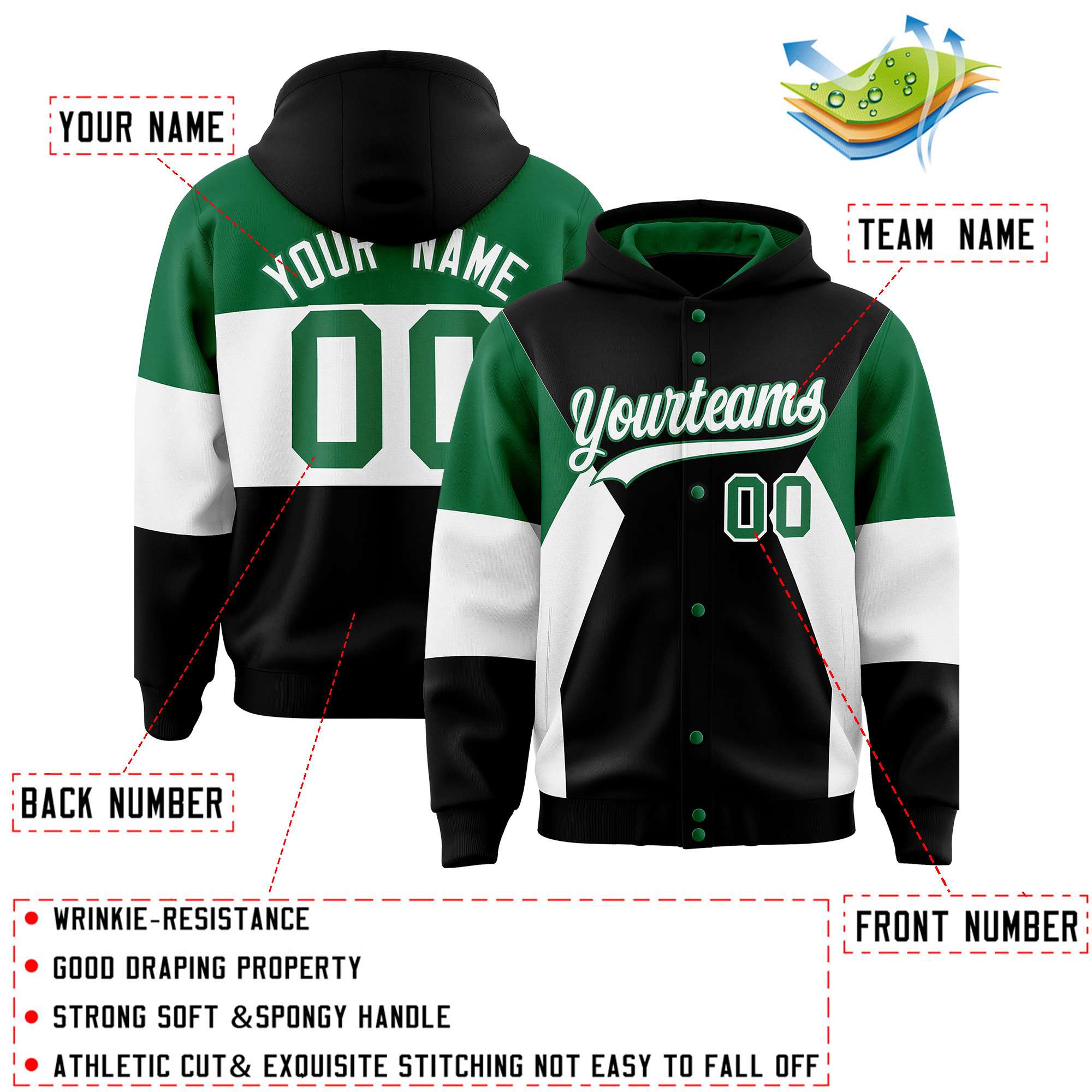 Custom Black Kelly Green-White Color Block Varsity Full-Snap Letterman Hoodie Jacket