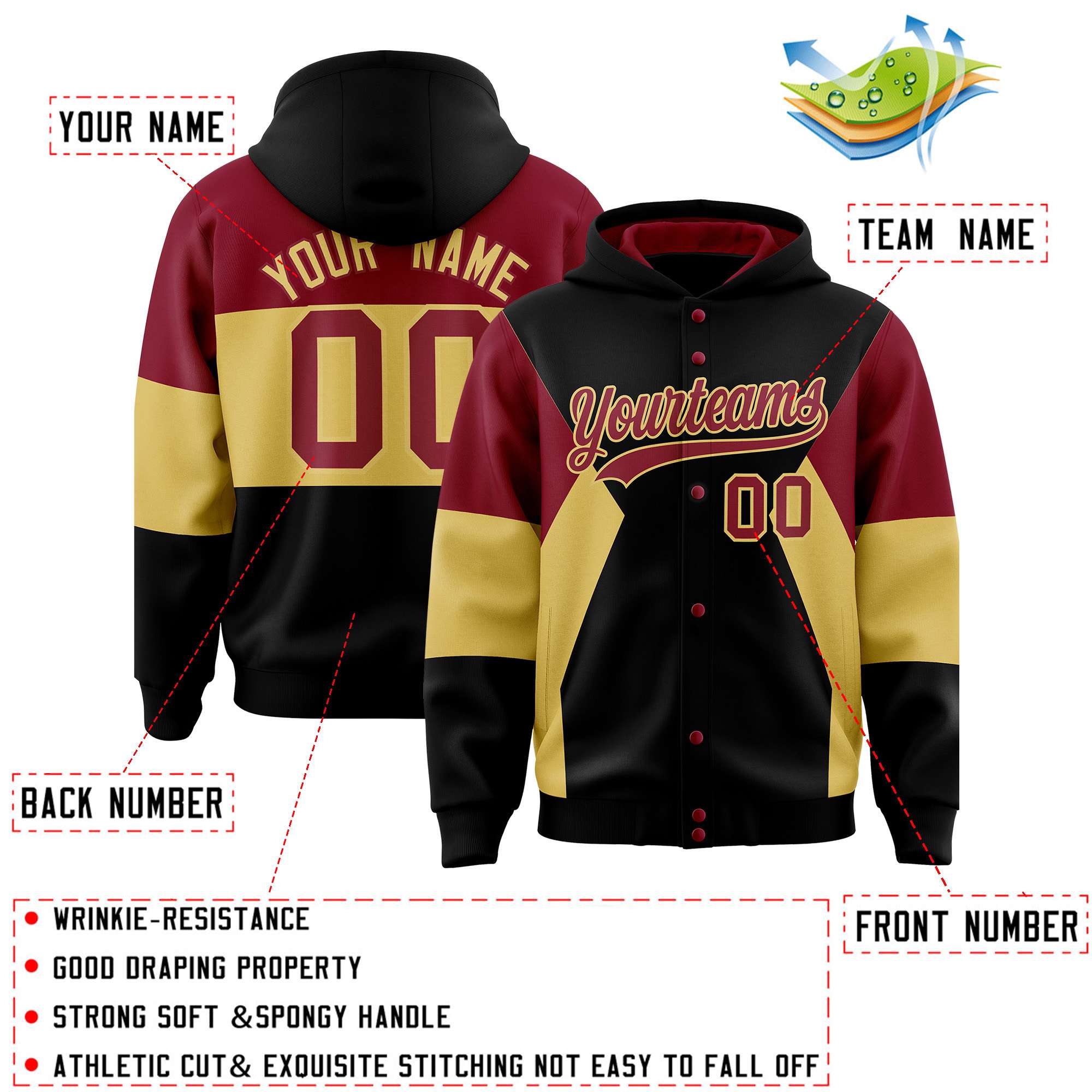 Custom Black Crimson-Khaki Color Block Varsity Full-Snap Letterman Hoodie Jacket