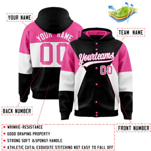 Custom Black Pink-White Color Block Varsity Full-Snap Letterman Hoodie Jacket