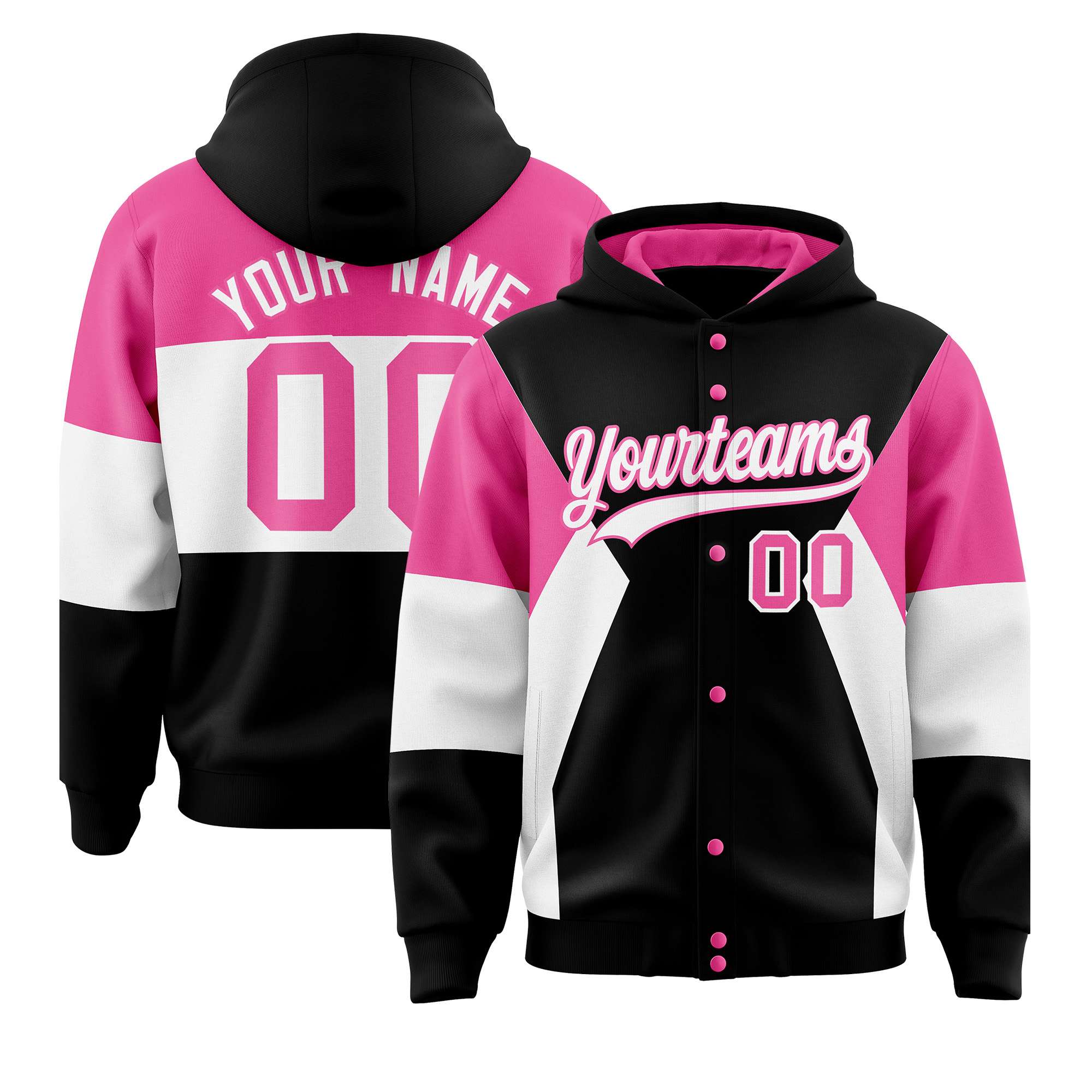 Custom Black Pink-White Color Block Varsity Full-Snap Letterman Hoodie Jacket