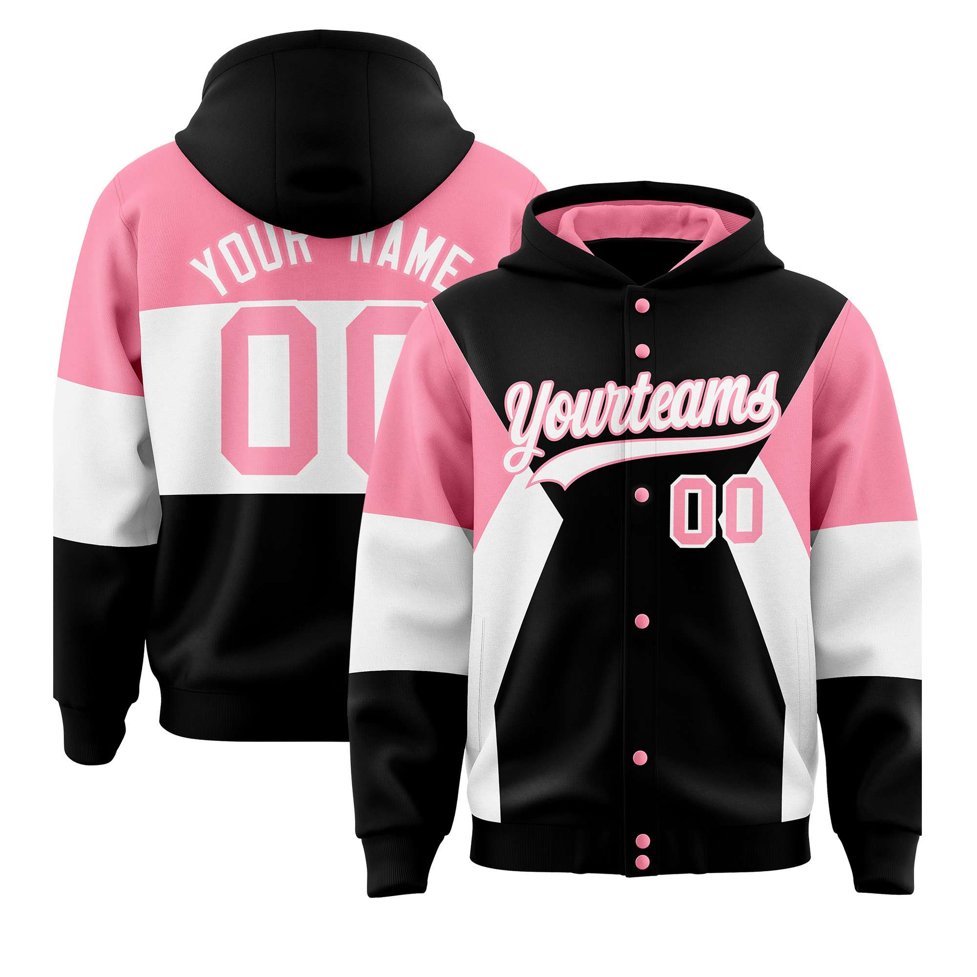 Custom Black Light Pink-White Color Block Varsity Full-Snap Letterman Hoodie Jacket