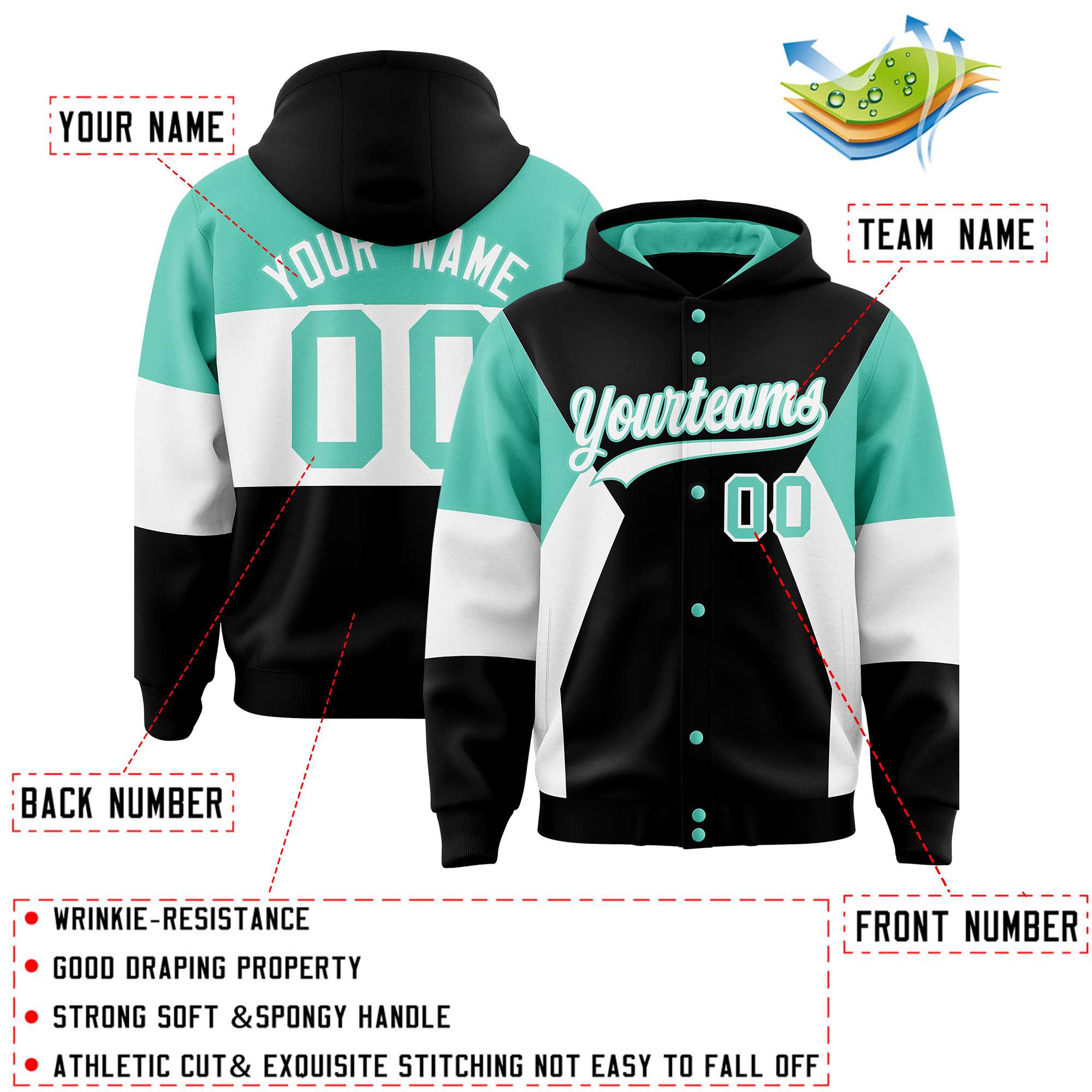 Custom Black Bright Green-White Color Block Varsity Full-Snap Letterman Hoodie Jacket