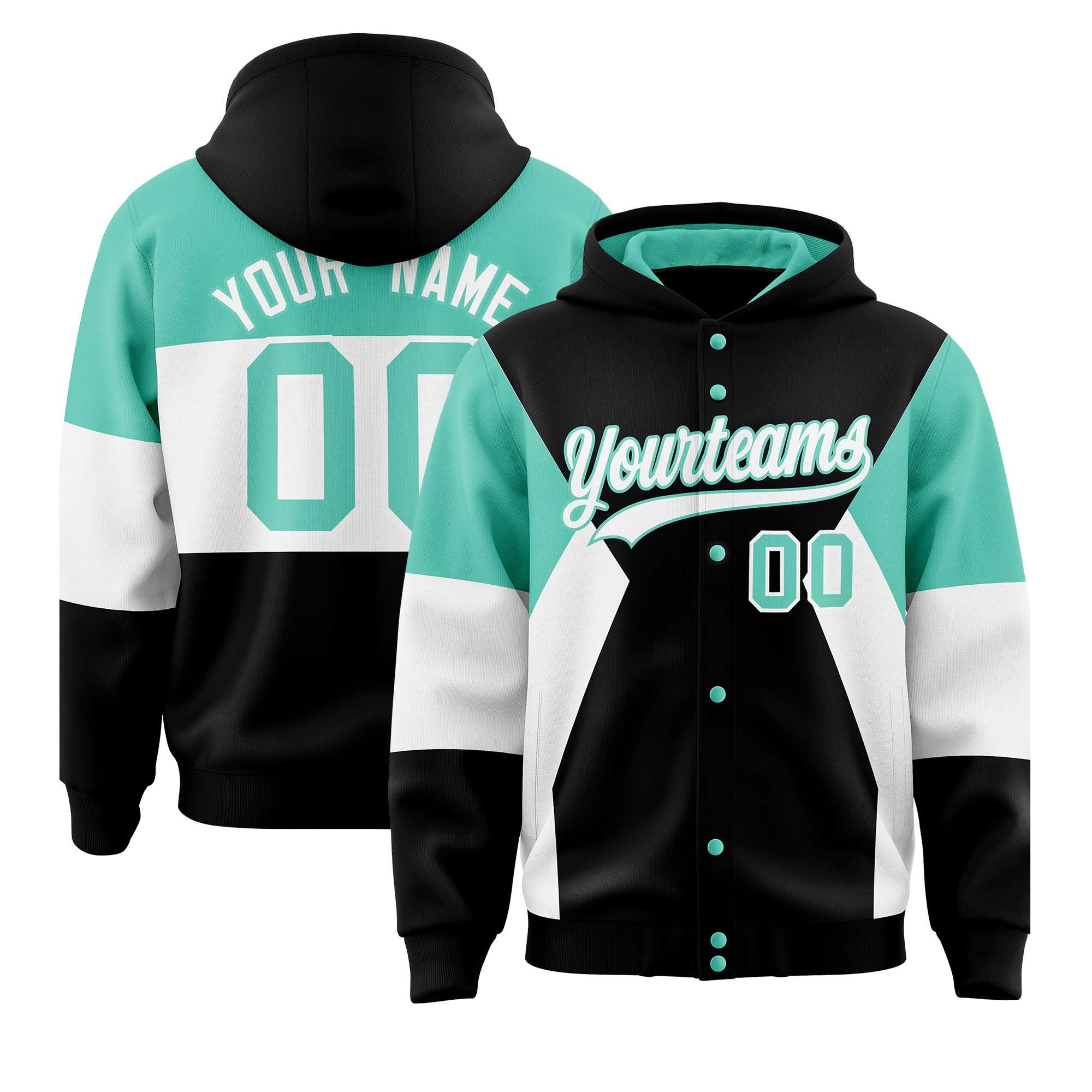 Custom Black Bright Green-White Color Block Varsity Full-Snap Letterman Hoodie Jacket