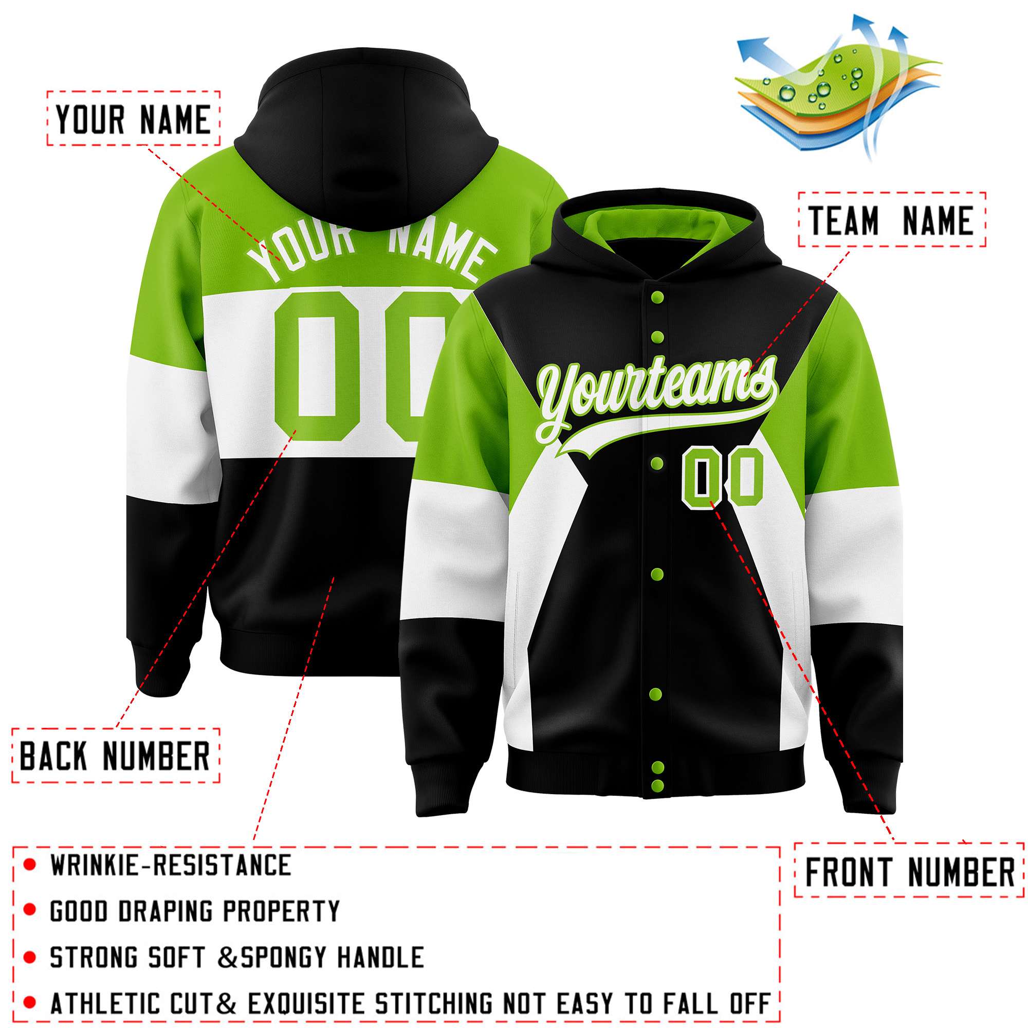 Custom Black Neon Green-White Color Block Varsity Full-Snap Letterman Hoodie Jacket