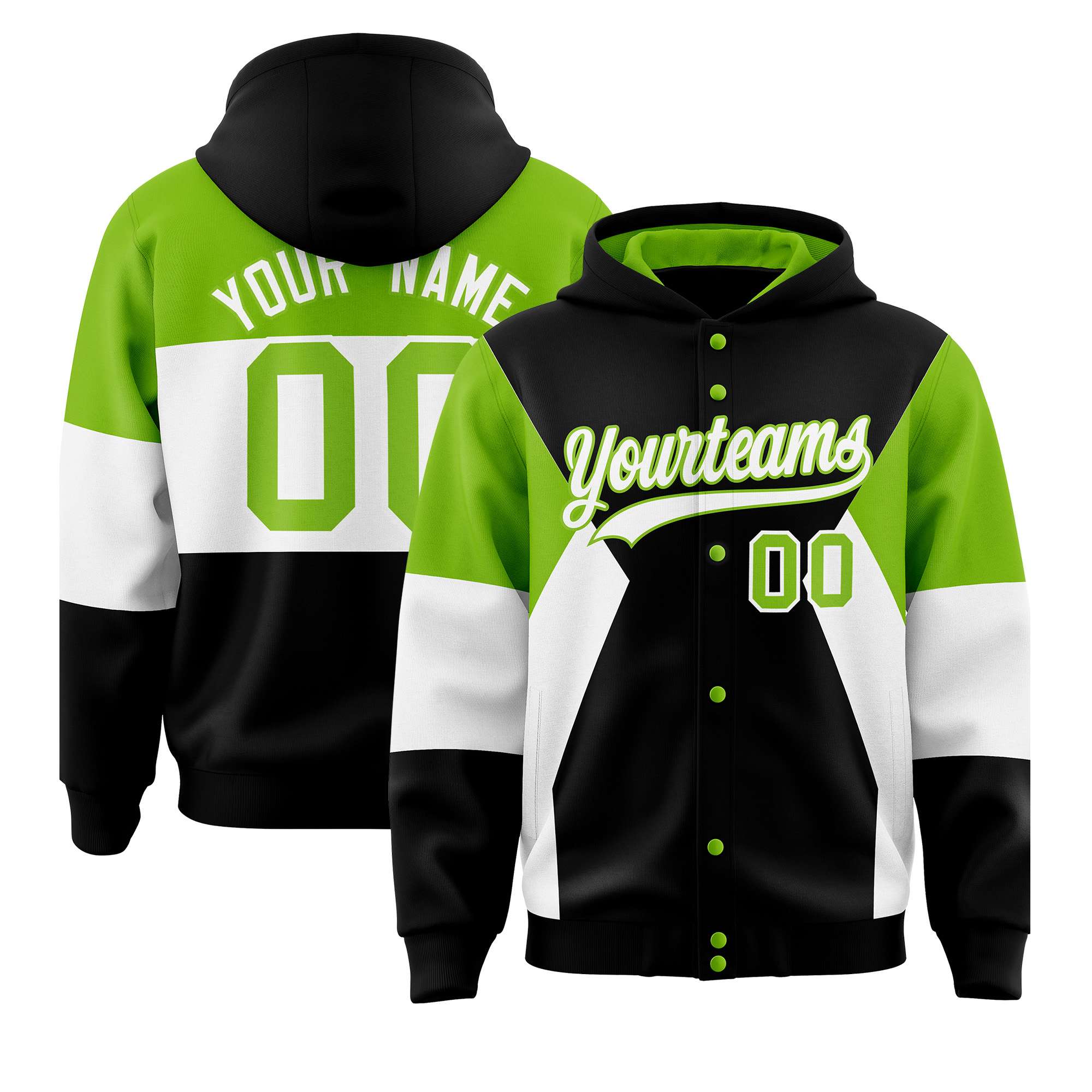 Custom Black Neon Green-White Color Block Varsity Full-Snap Letterman Hoodie Jacket