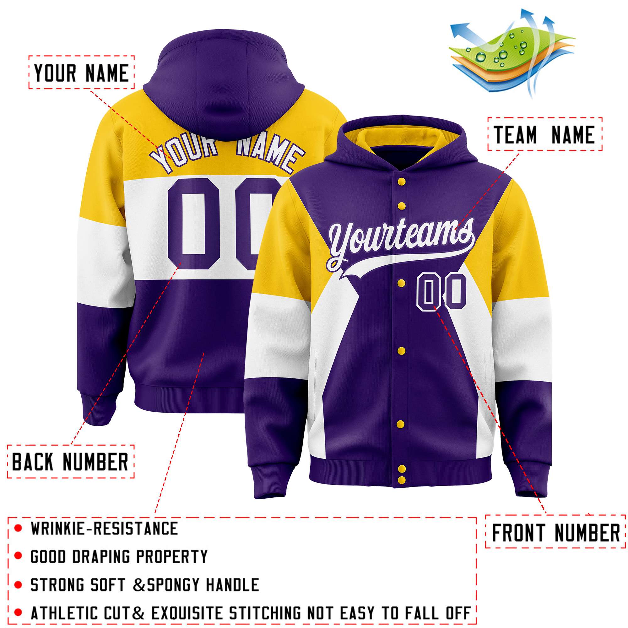 Custom Purple Gold-White Color Block Varsity Full-Snap Letterman Hoodie Jacket