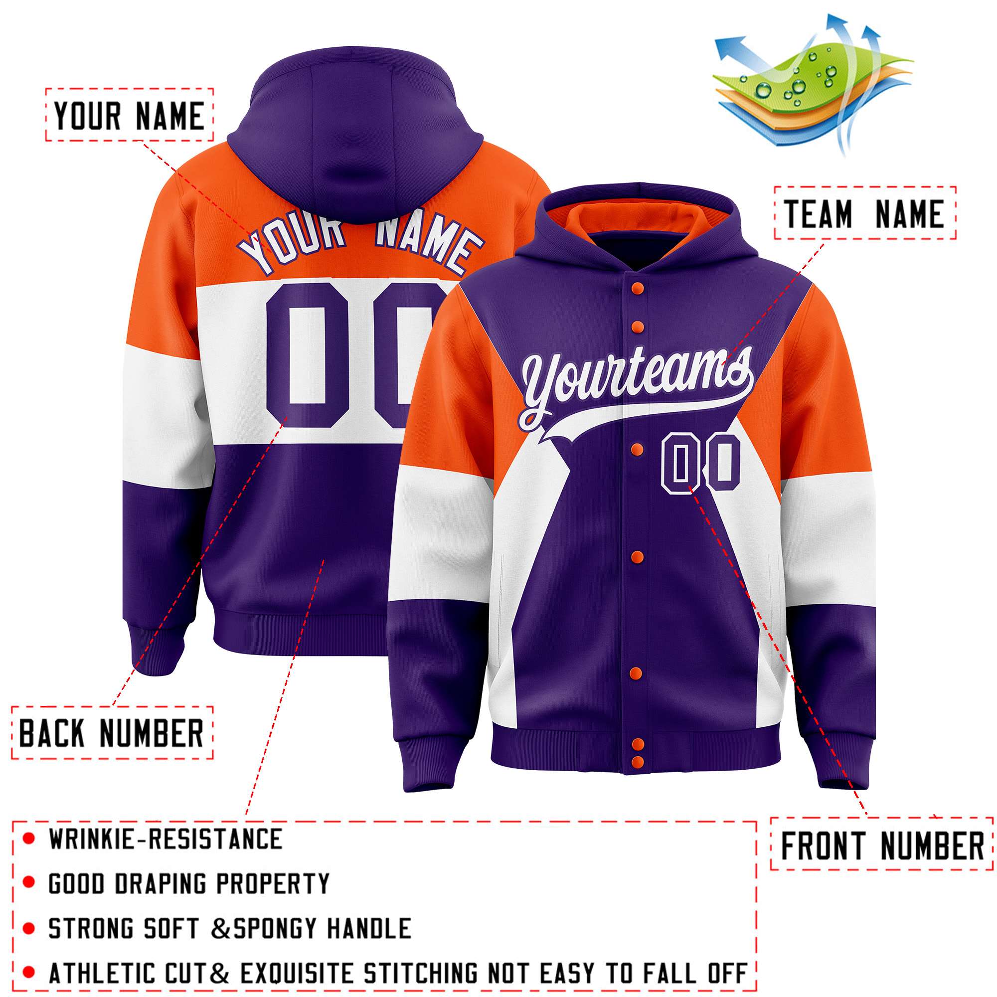 Custom Purple Orange-White Color Block Varsity Full-Snap Letterman Hoodie Jacket