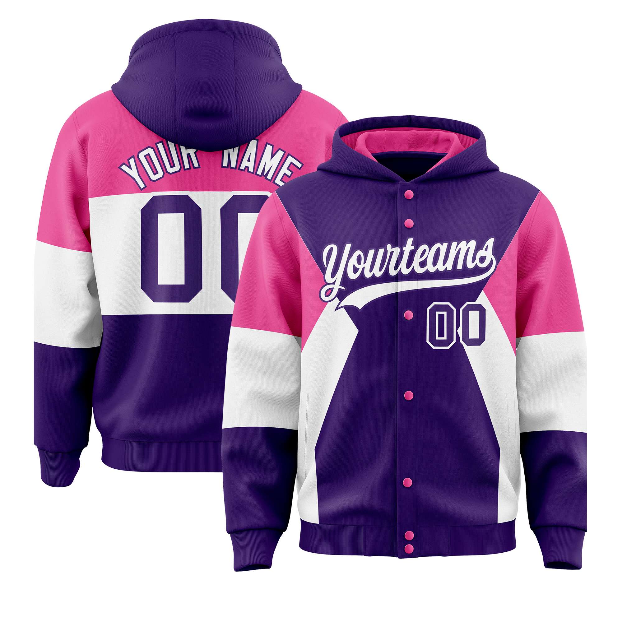 Custom Purple Pink-White Color Block Varsity Full-Snap Letterman Hoodie Jacket